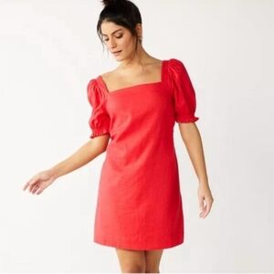 Draper James RSVP Red Linen Blend Puff Sleeve Mini Dress Size Small Back Zip